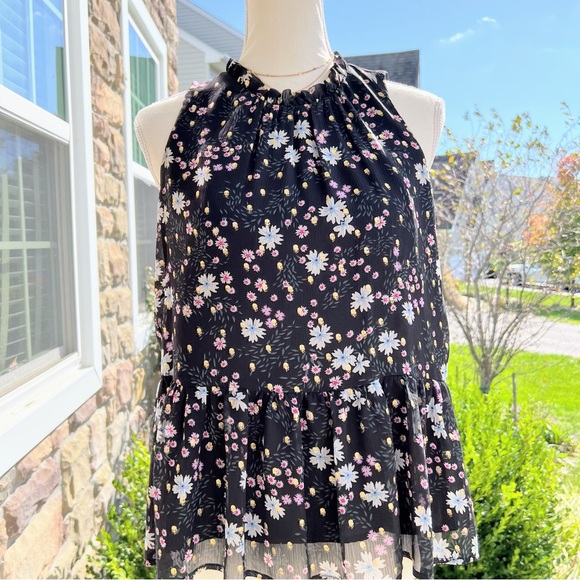 LOFT Black Floral Sparkle Ruffle Neck Peplum Blouse Size Medium Petite - Picture 8 of 10
